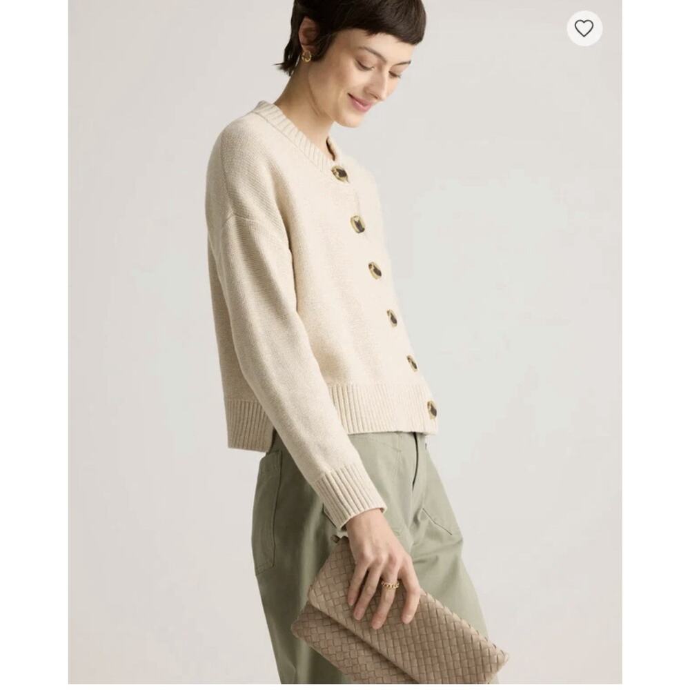 QUINCE Speckled Beige 100% ORGANIC COTTON Cropped CARDIGAN Sz S Minimalist Prepp - Picture 4 of 15